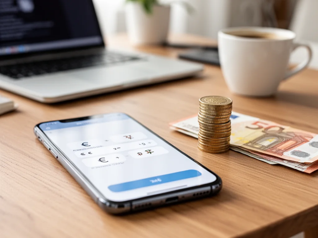 Smartfon z aplikacją przeliczającą euro na złotówki obok monet i banknotu euro w przytulnym domowym biurze.