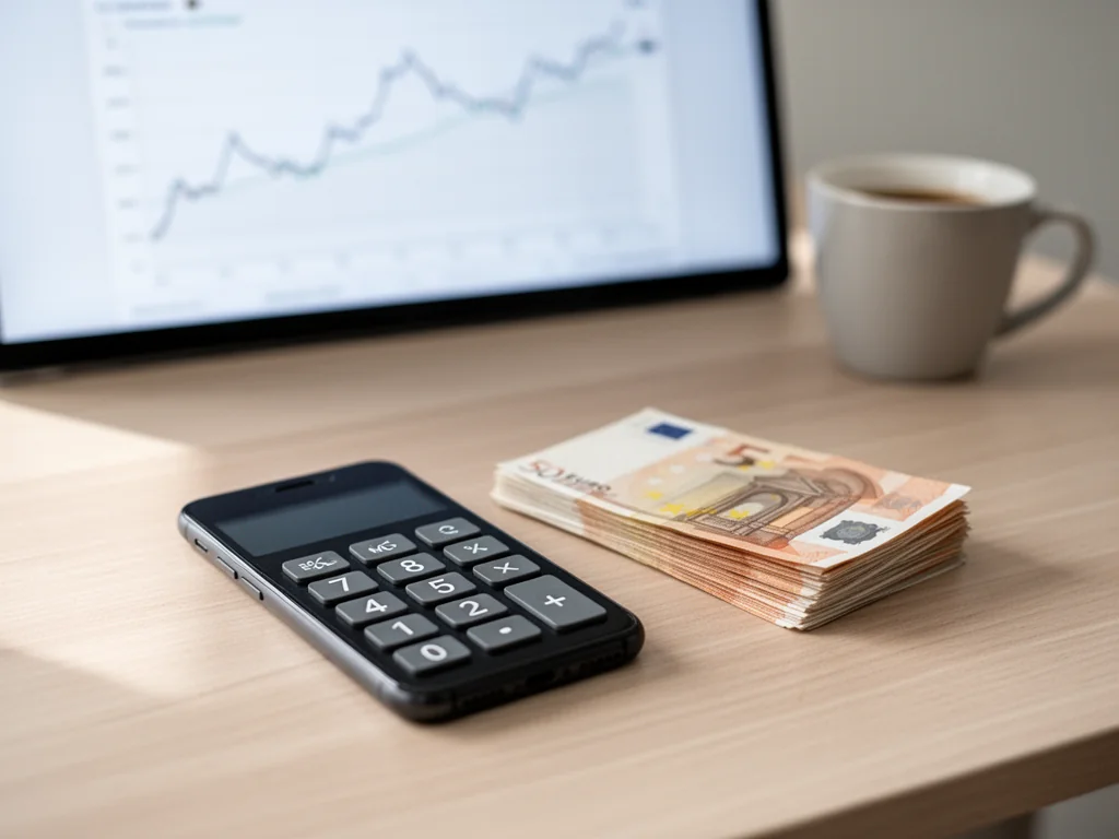 Smartfon z kalkulatorem obok banknotów euro na biurku, w tle wykres walut i kawa – symbol szybkiego przeliczenia 80 euro