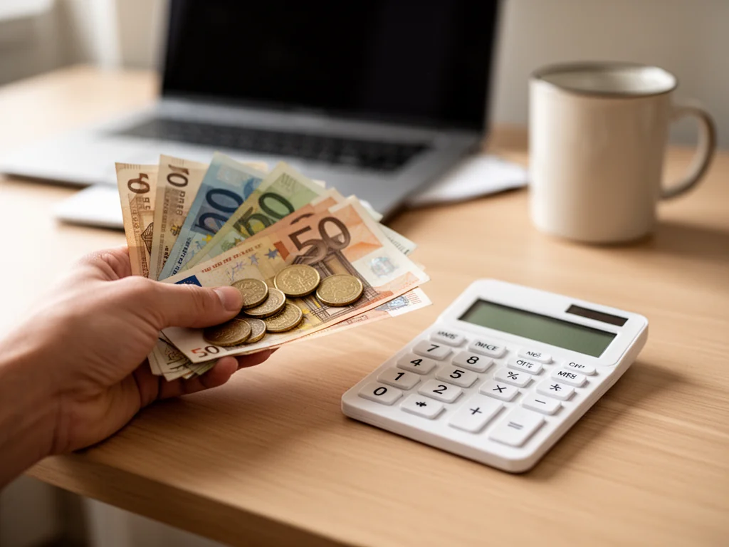 Dłoń trzymająca banknoty i monety euro obok kalkulatora na biurku, symbolizująca przeliczanie 70 euro na złotówki.