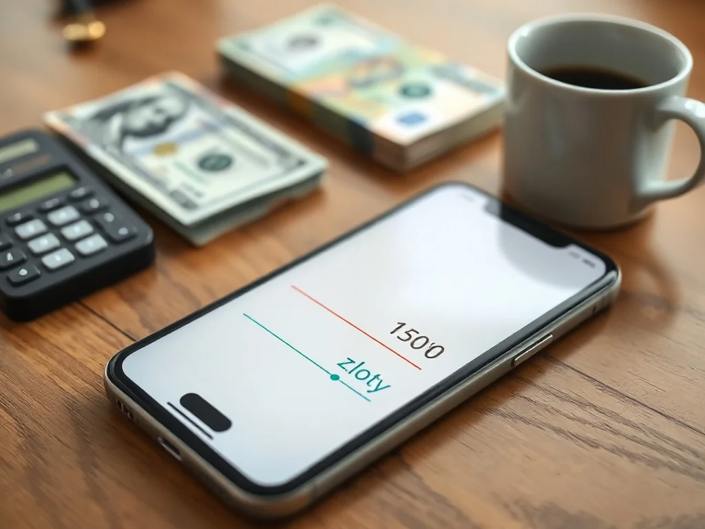 Smartfon z prostym przelicznikiem dolar–złoty na stole, w tle banknoty USD i PLN oraz kalkulator przy filiżance kawy