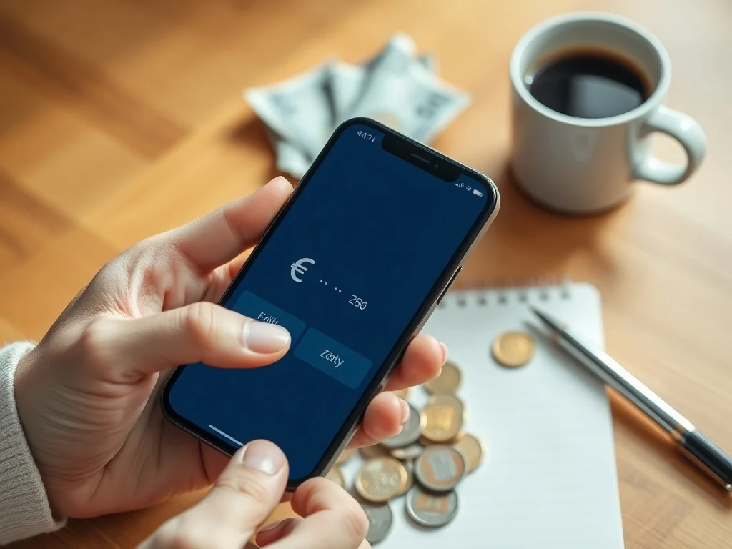 Dłonie trzymające telefon z prostym przelicznikiem euro na złotówki na biurku z euro, kawą i notatnikiem.