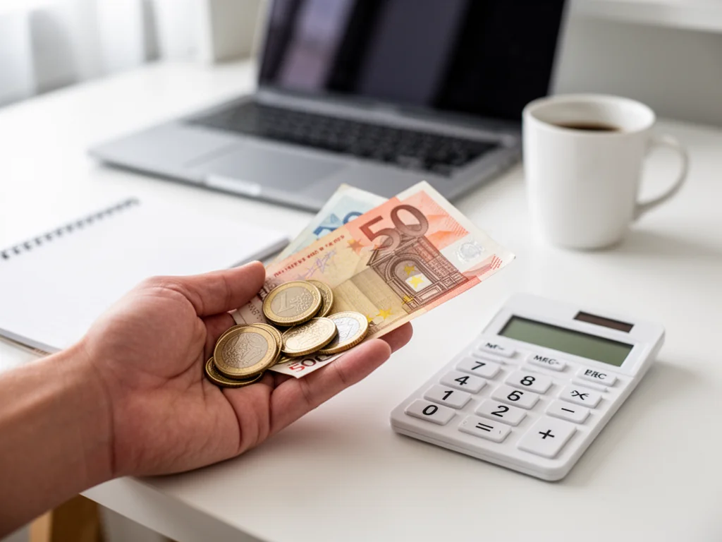 Dłoń trzymająca monety i banknot 50 euro obok kalkulatora i notesu na biurku, w tle laptop i kubek z kawą.