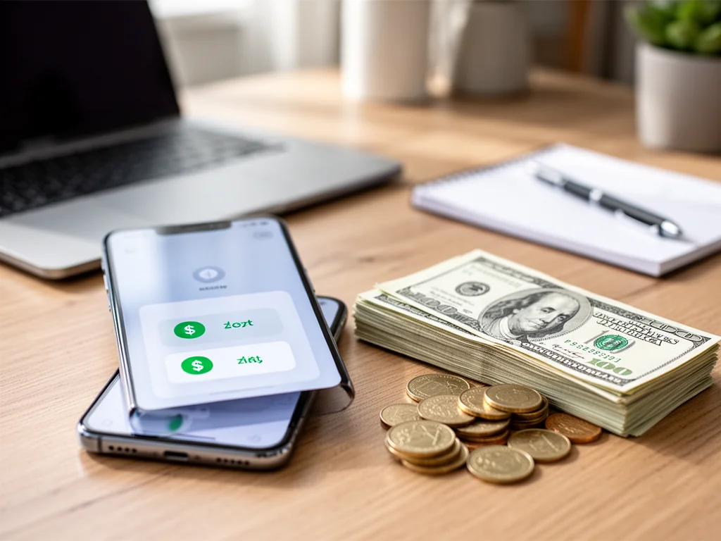 Smartfon z przelicznikiem walut USD/PLN na biurku obok dolarów i polskich monet w domowym biurze.