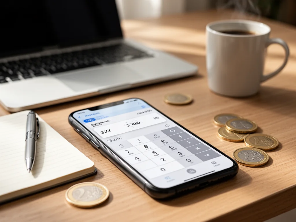 Smartfon z kalkulatorem przelicza euro na złotówki na biurku z monetami, notesem i laptopem w domowym biurze.
