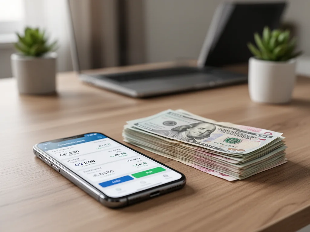 Smartfon z aplikacją przeliczającą dolary na złotówki obok banknotów USD i PLN na biurku w domowym biurze