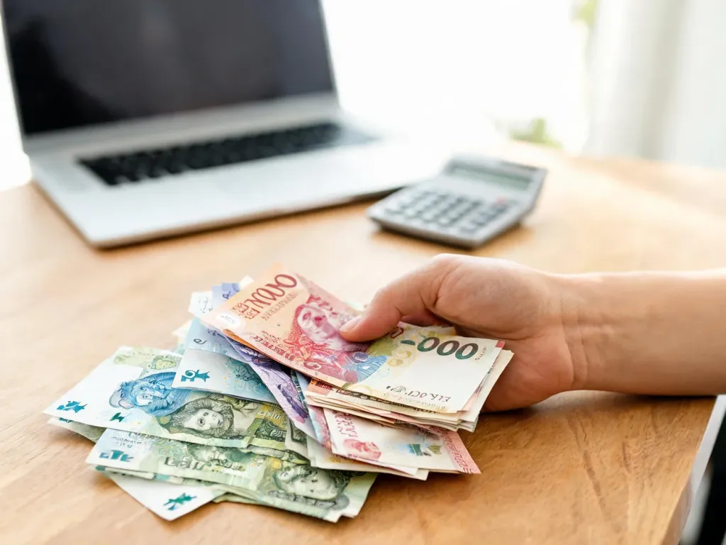 Dłoń trzyma węgierskie forinty na tle rozłożonych polskich złotych, obok laptop i kalkulator do przeliczeń walut.