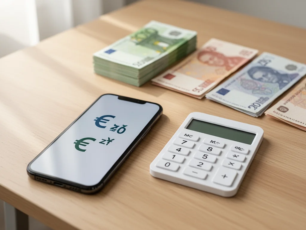 Smartfon i kalkulator z symbolami euro i złotego na biurku, w tle uporządkowane banknoty obu walut.