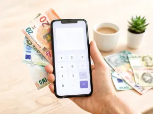 Kalkulator i monety funtów oraz złotych na biurku, ilustrujące przeliczanie 400 funtów na złotówki.