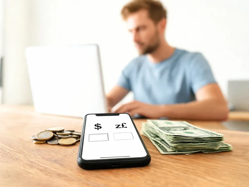 Smartfon z prostym przelicznikiem dolar–złoty obok gotówki, ilustrujący szybkie przeliczanie 60 USD na złotówki