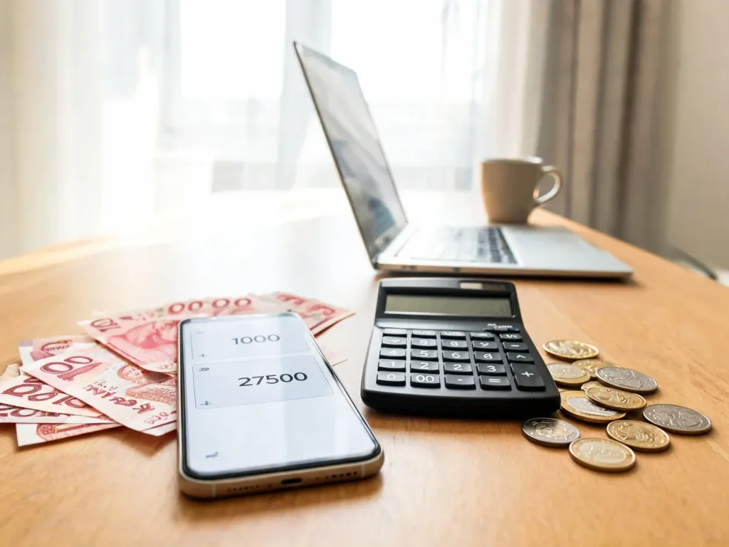 Smartfon z kalkulatorem walut na biurku, wokół polskie banknoty i koreańskie monety, domowe biuro w dziennym świetle.