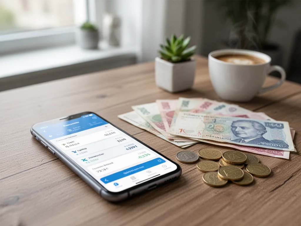 Smartfon z aplikacją przelicznika walut pokazujący kurs liry tureckiej do złotówki obok banknotów i monet.