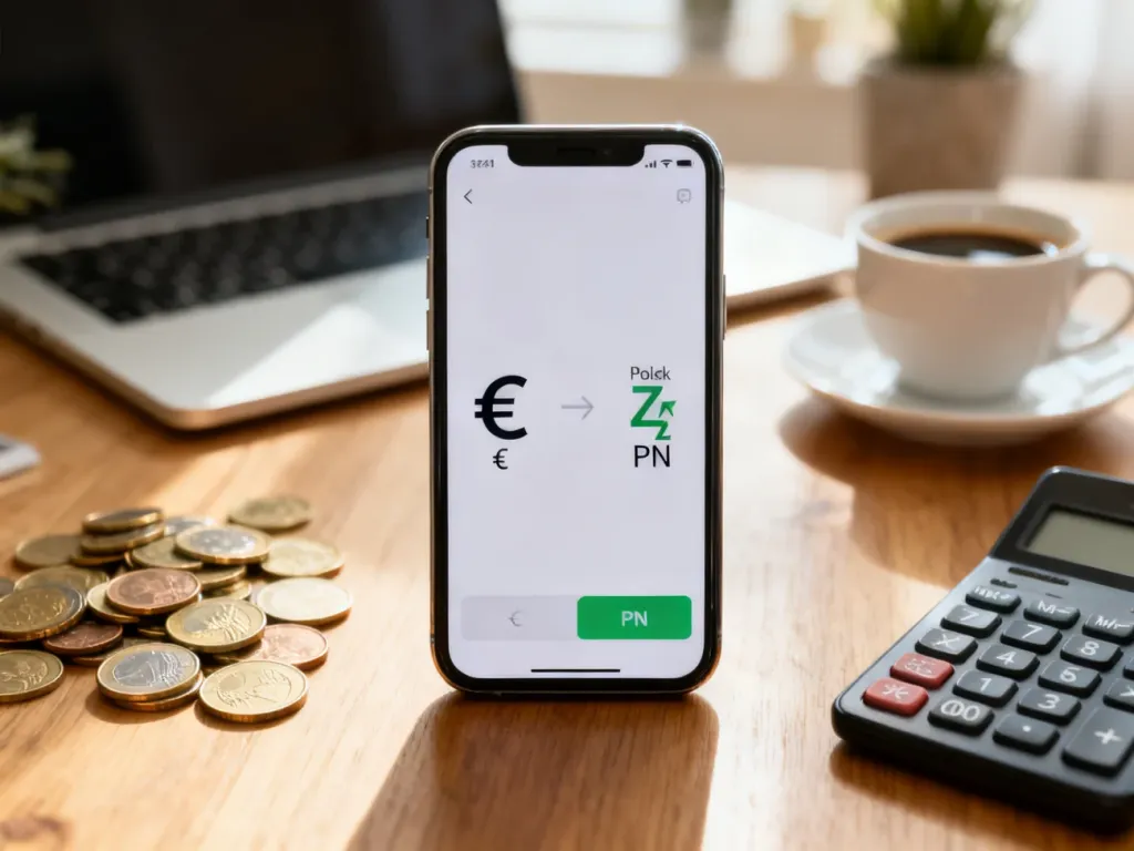Smartfon z przelicznikiem euro na złotówki na biurku, obok kalkulator i monety euro w domowym biurze.