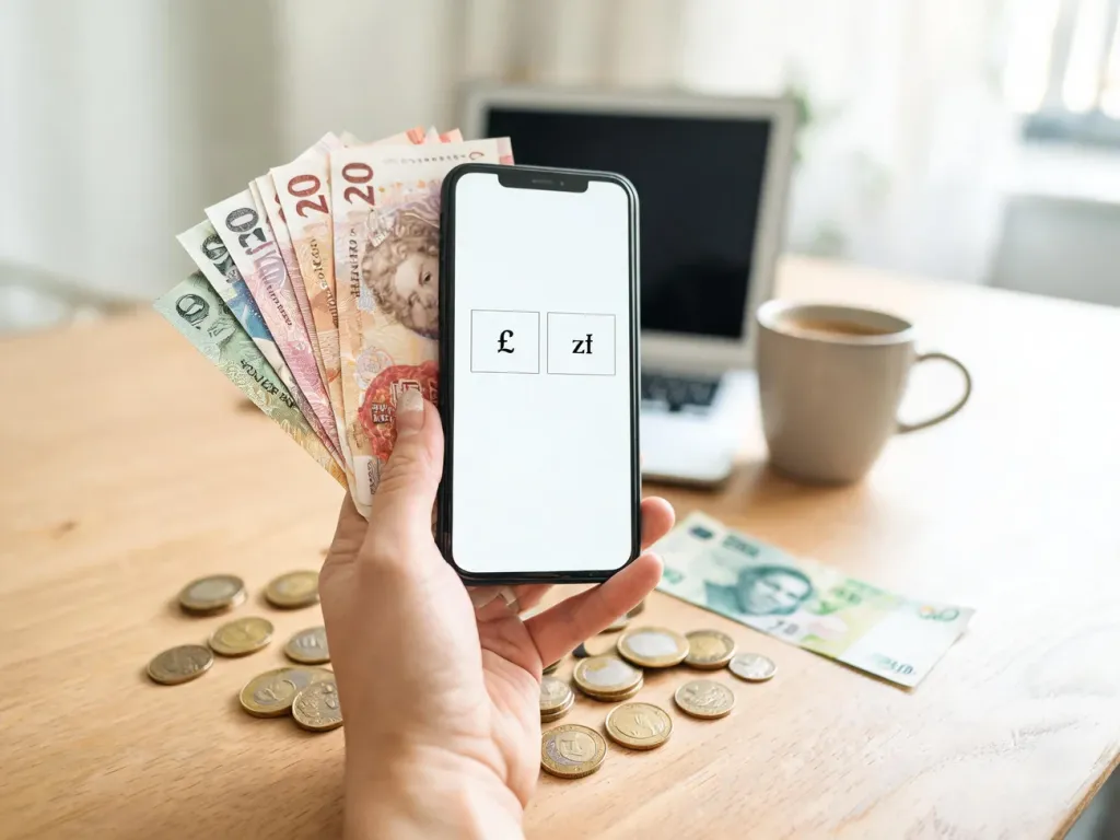 Dłoń trzymająca banknoty funtów i smartfon z przelicznikiem walut obok monet i banknotów złotowych na stole