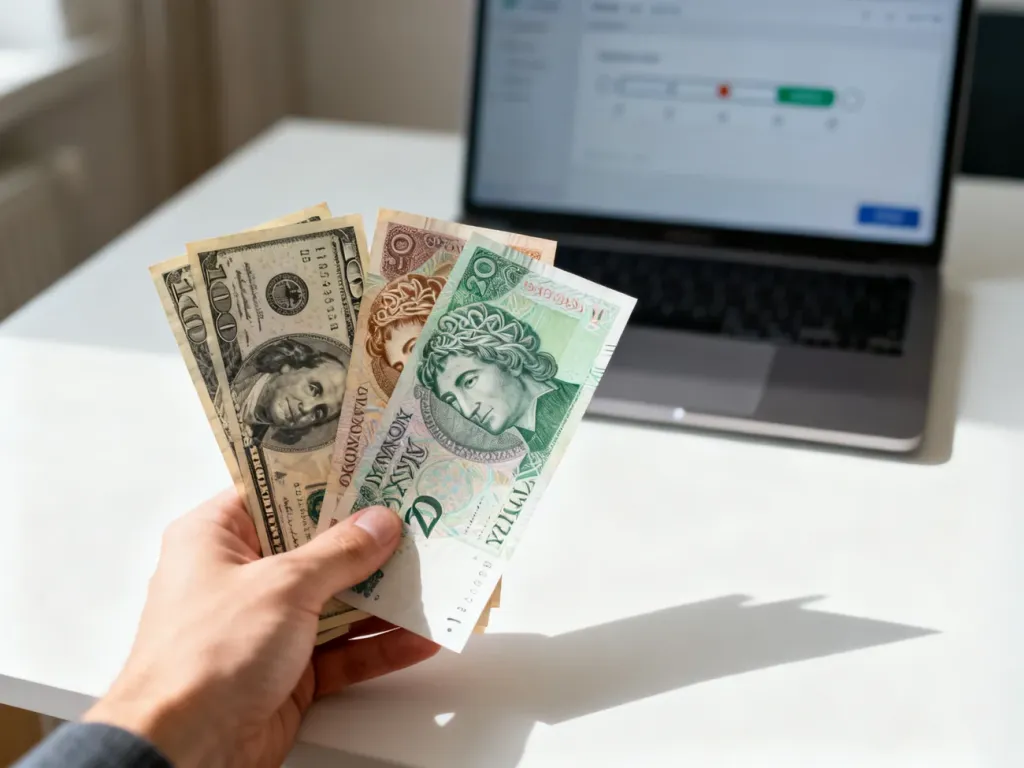 Ręka trzyma banknoty dolarów i złotych obok siebie na biurku, w tle laptop z otwartym prostym przelicznikiem walut