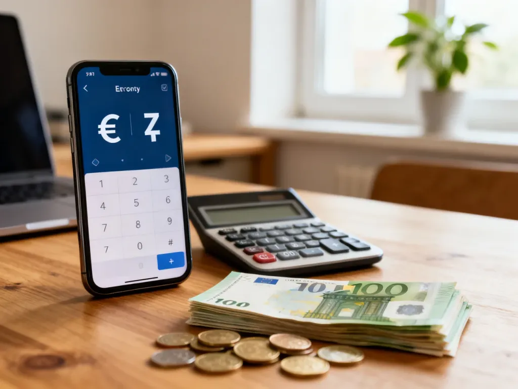 Smartfon z przelicznikiem euro na złotówki obok kalkulatora i euro, symbolizujący obliczanie 3 tys. euro w zł.