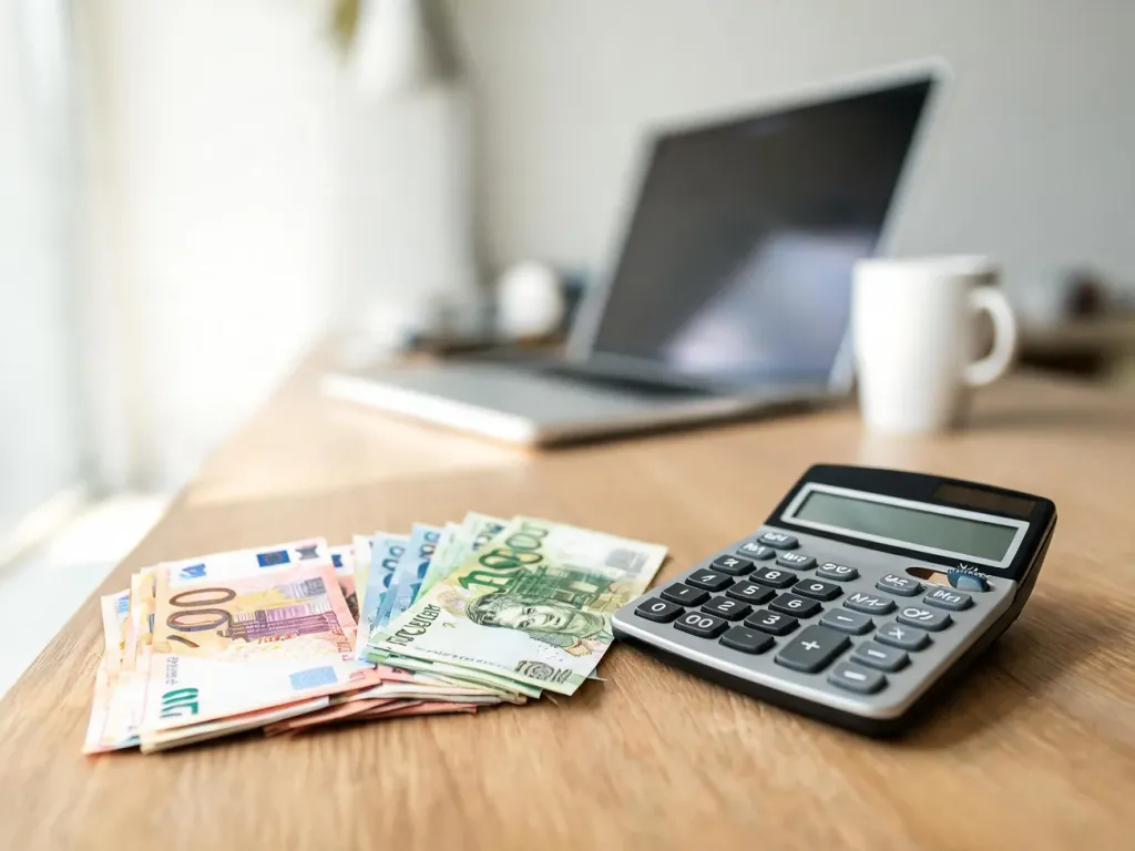 Kalkulator oraz banknoty euro i złotówki na biurku, symbolizujące przeliczanie 30 euro na złote w domowym biurze.