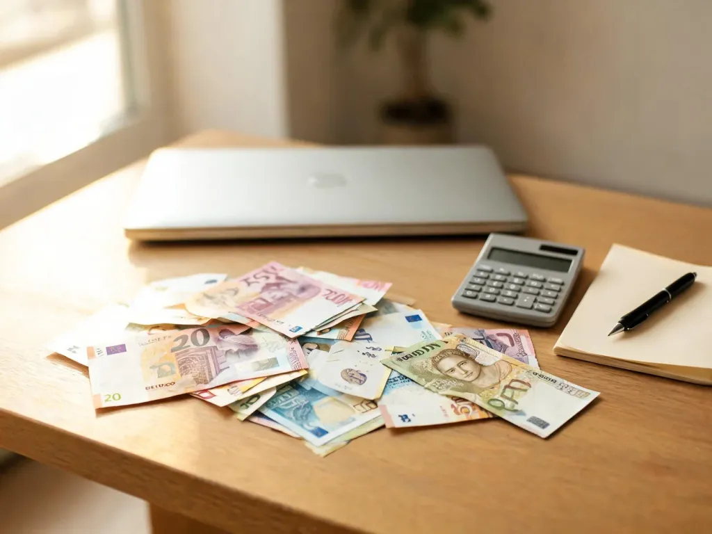 Laptop na biurku obok kalkulatora, notatnika i rozsypanych banknotów euro oraz złotówek, symbolizujących przeliczanie walut.