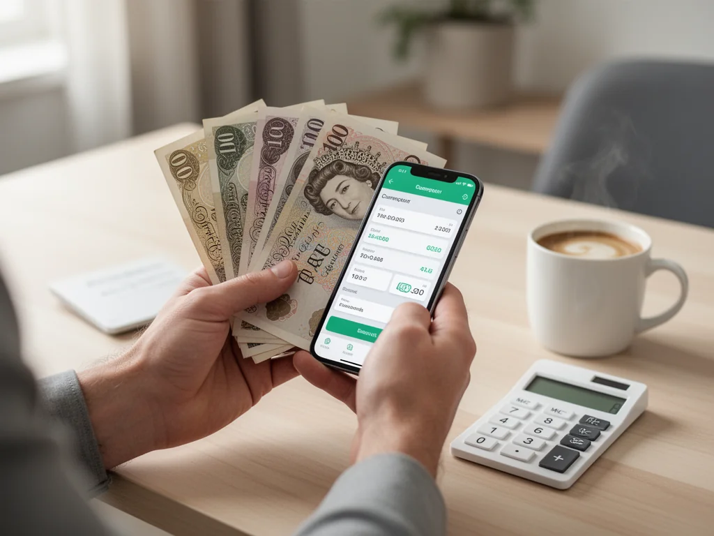 Osoba przelicza banknoty funtów na złotówki w aplikacji na smartfonie, obok leży kalkulator i kubek kawy