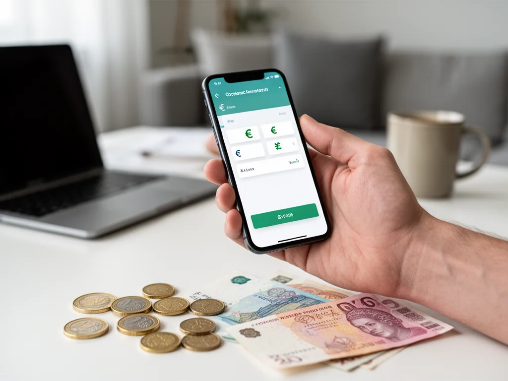 Dłoń trzyma smartfon z kalkulatorem walut euro–złoty, na stole rozsypane monety i banknoty obu walut.