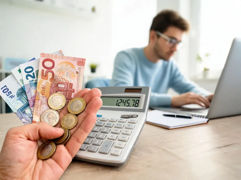 Dłoń trzyma euro banknoty i monety obok kalkulatora, w tle osoba licząca domowe finanse przy laptopie.
