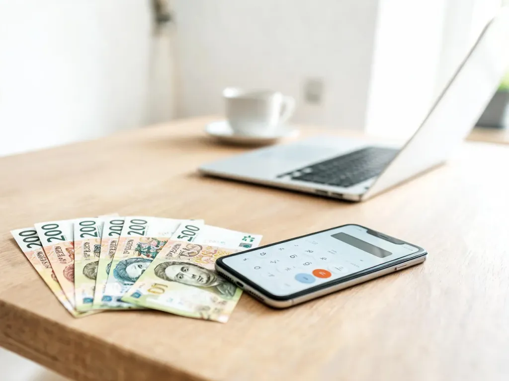 Biurko z polskimi banknotami i smartfonem z kalkulatorem walut, w tle laptop i kubek kawy w jasnym domowym biurze.