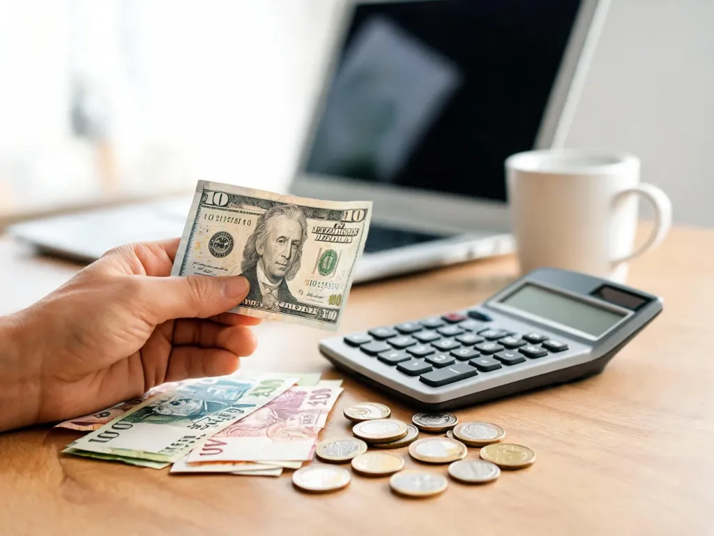 Ręka trzymająca banknot 10 dolarów obok polskich złotych i kalkulatora, ilustrująca przeliczanie walut.