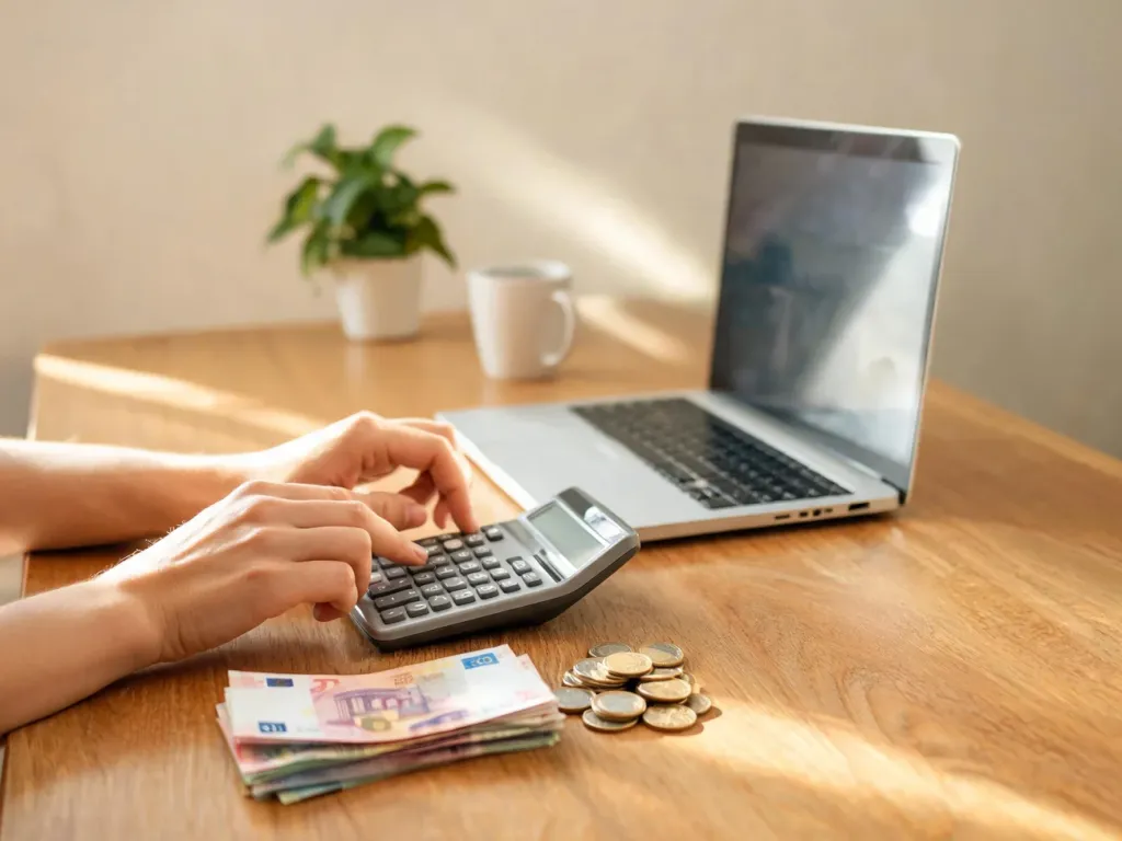 Osoba przy biurku przelicza euro na złotówki, używając kalkulatora obok laptopa, banknotów euro i monet PLN.