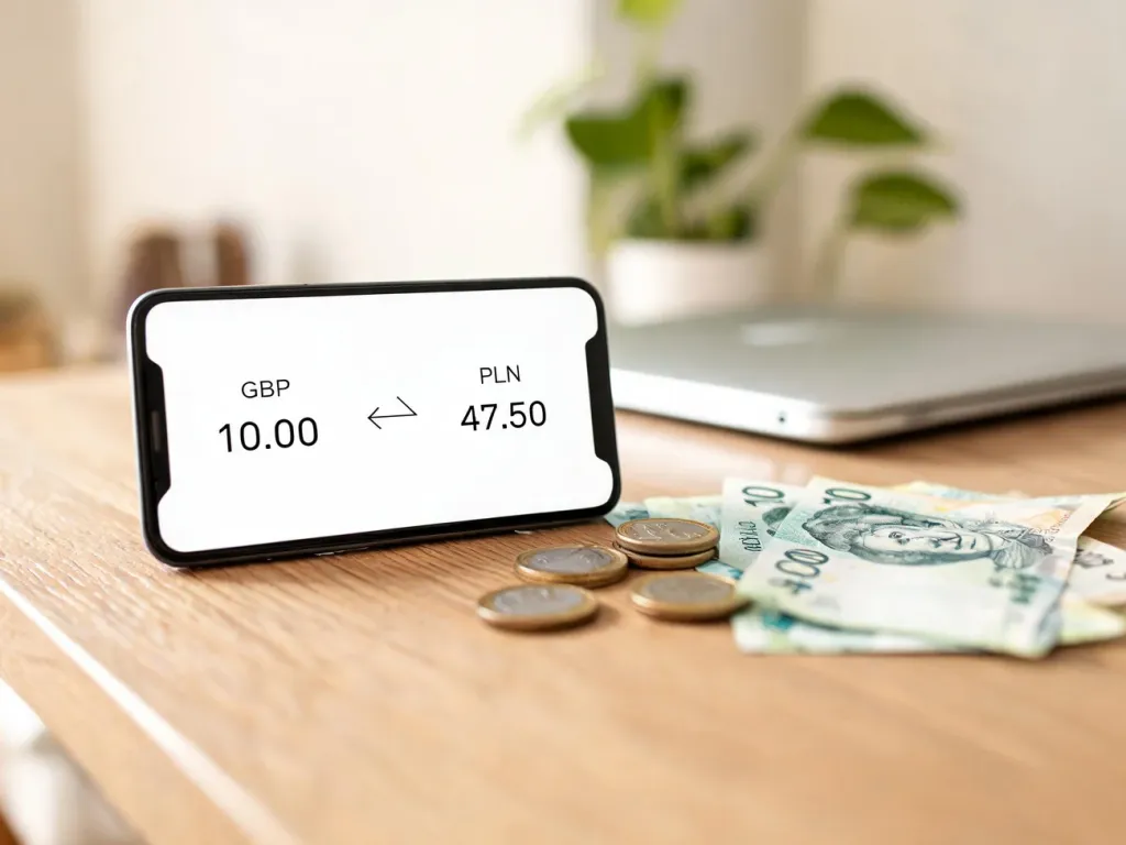 Smartfon z aplikacją przelicznika walut GBP/PLN na stole, obok monety funtów i polskie banknoty w miękkim, domowym otoczeniu.
