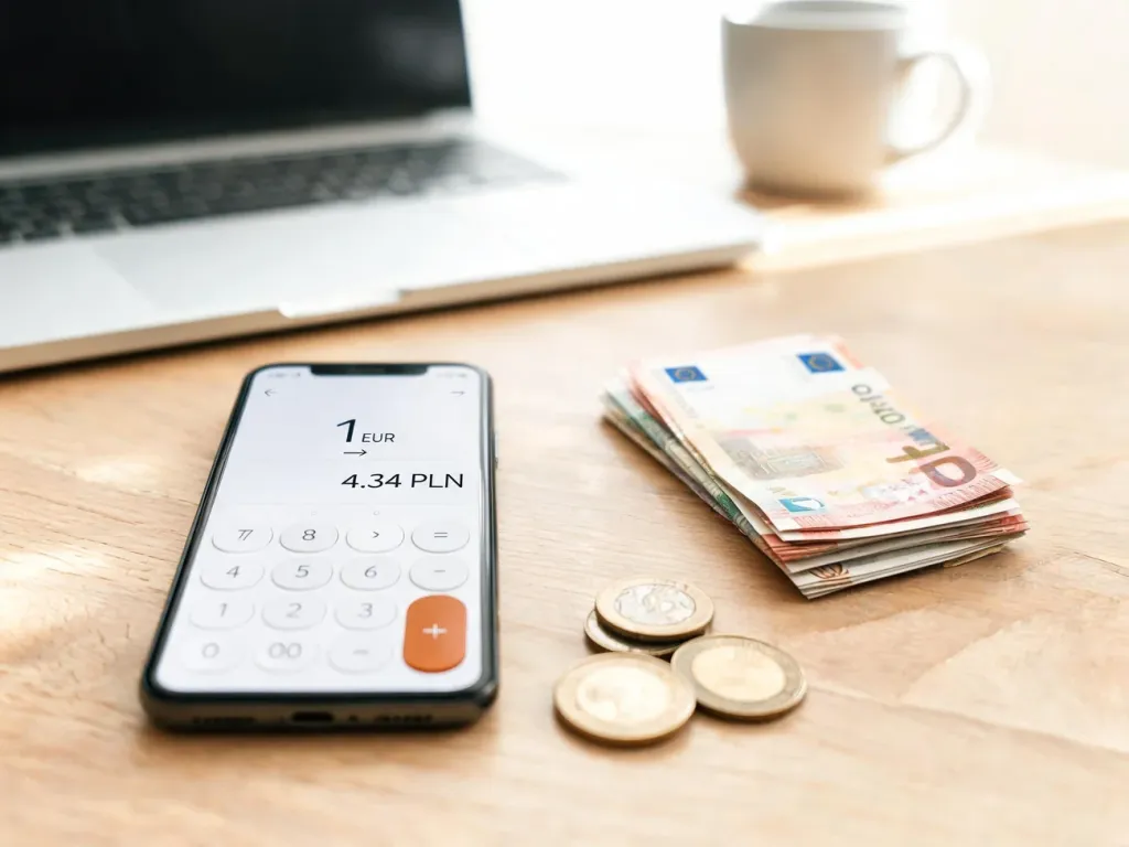 Smartfon z kalkulatorem obok euro i monet złotowych, ilustrujący szybkie przeliczanie 75 euro na złotówki