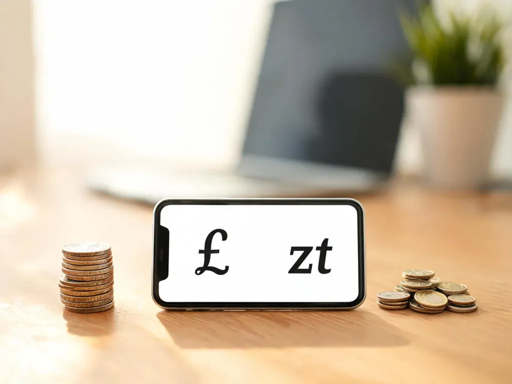 Smartfon z prostym przelicznikiem funtów na złotówki obok monet GBP i PLN na biurku w nowoczesnym domowym biurze