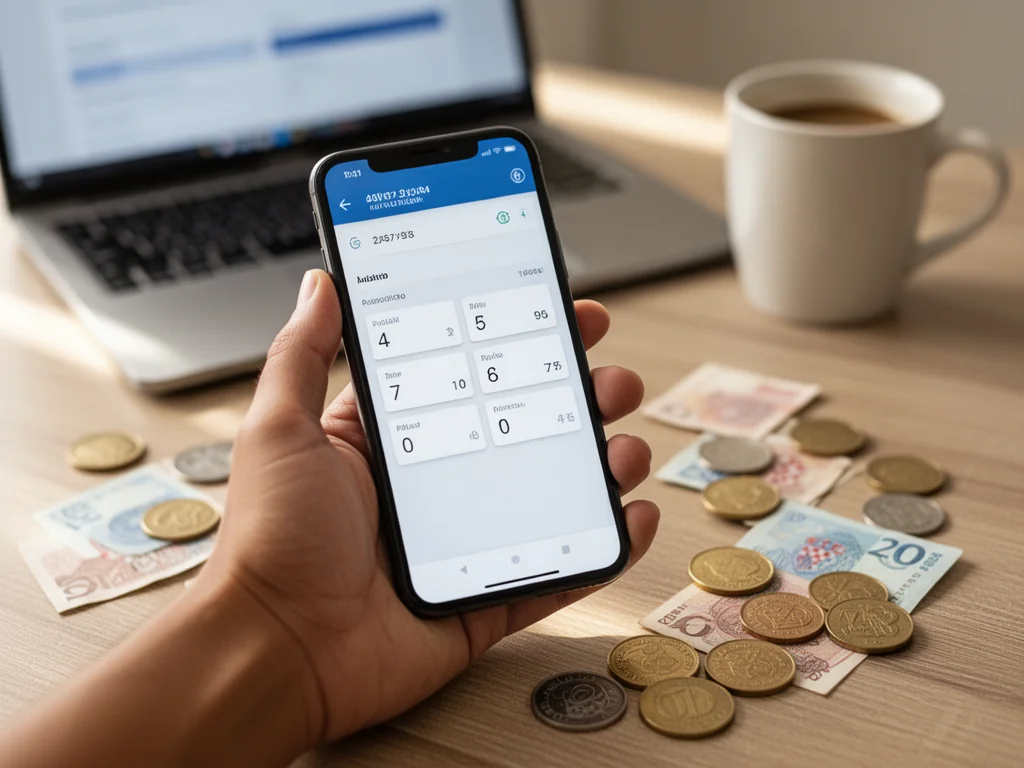Smartfon z aplikacją przelicznika walut wśród monet złotych i kun, na biurku do domowego planowania budżetu.