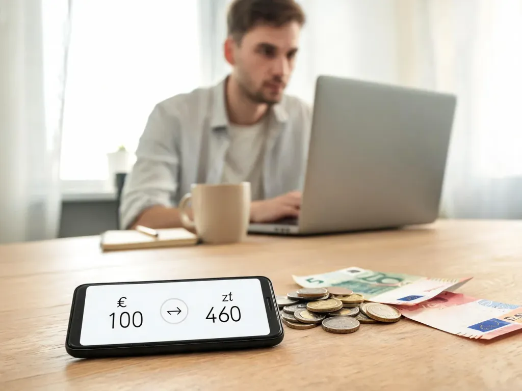 Smartfon z aplikacją przeliczającą euro na złotówki na biurku, obok monety i banknoty euro, w tle osoba licząca przy laptopie.
