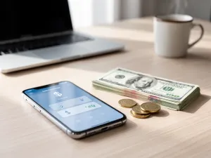 Smartfon z interfejsem bankowości mobilnej w nowoczesnym biurze, symbolizujący szybkie i bezpieczne przelewy elektroniczne.