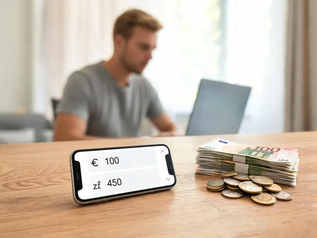 Smartfon z prostym przelicznikiem euro na złotówki obok banknotów i monet, w tle domowe biuro z pracującym mężczyzną