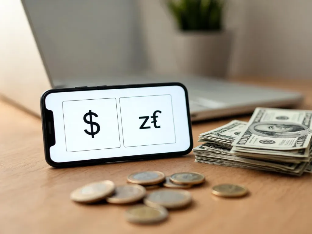 Smartfon z prostym przelicznikiem walut USD–PLN obok dolarów i polskich monet na biurku, symbolizujący szybkie obliczenie 180$