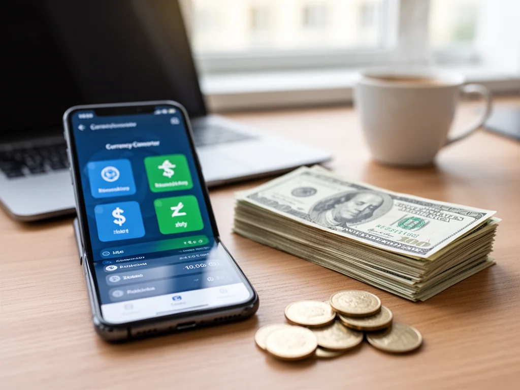 Smartfon z aplikacją przelicznika walut USD/PLN obok banknotów dolarowych i polskich monet na biurku