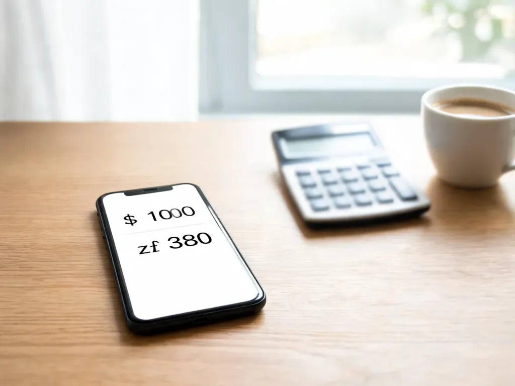 Smartfon z otwartym przelicznikiem walut na biurku, w tle kalkulator i kawa, symboliczna wymiana dolarów na złotówki.