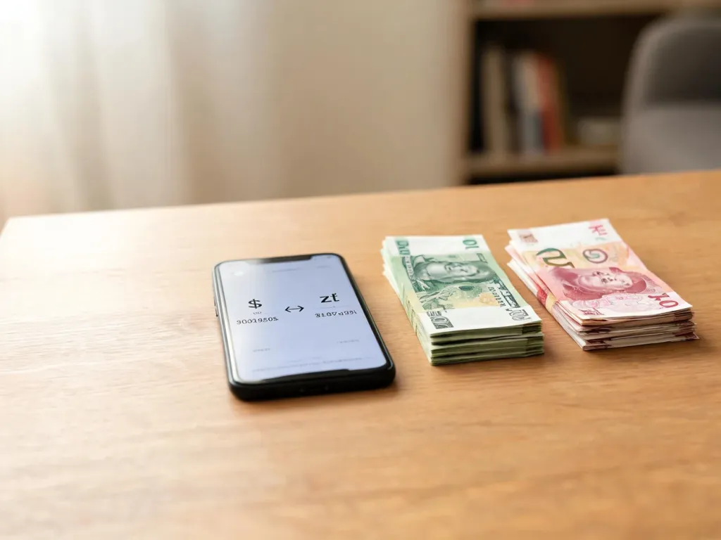 Smartfon z prostym przelicznikiem USD na PLN obok banknotów dolarów i złotych na uporządkowanym biurku