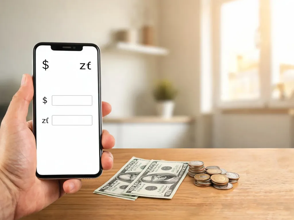 Smartfon z kalkulatorem walut obok banknotów dolarów i monet w złotówkach, ilustrujący szybkie przeliczanie 40 USD na PLN