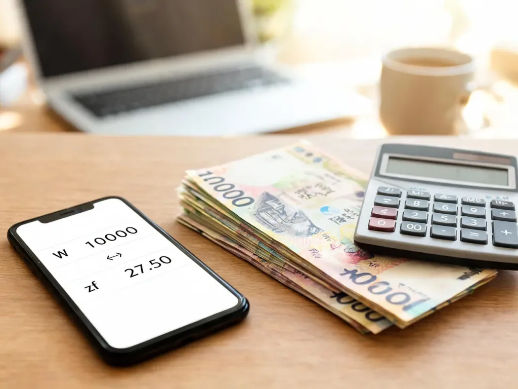 Smartfon z aplikacją przeliczającą wony na złote obok koreańskich banknotów i kalkulatora na biurku w domowym biurze