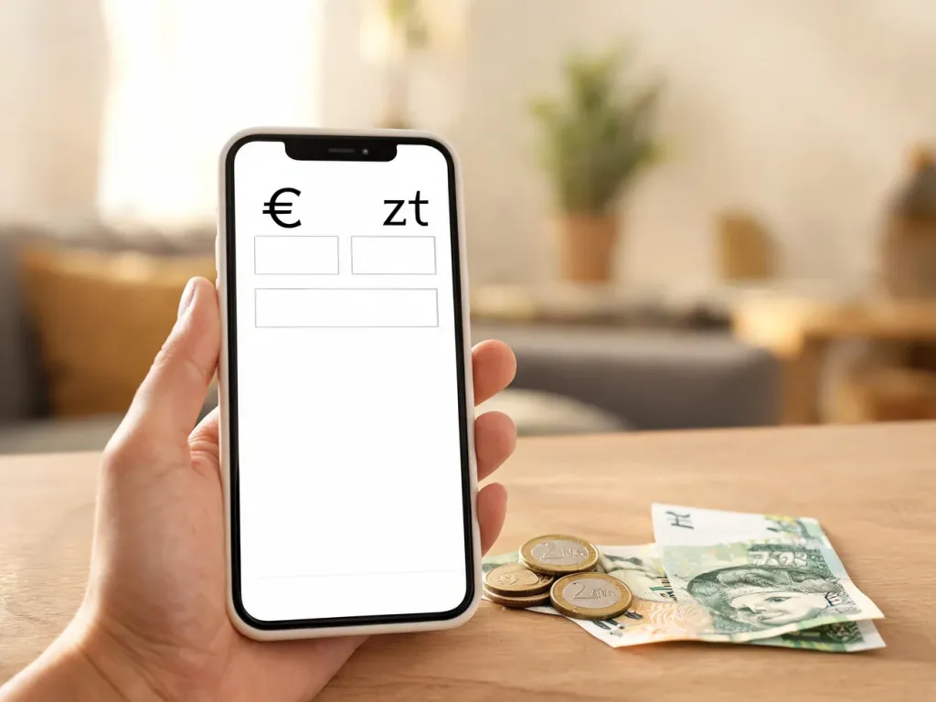 Smartfon z prostym przelicznikiem walut euro–złoty obok monet euro i polskich banknotów na jasnym stole