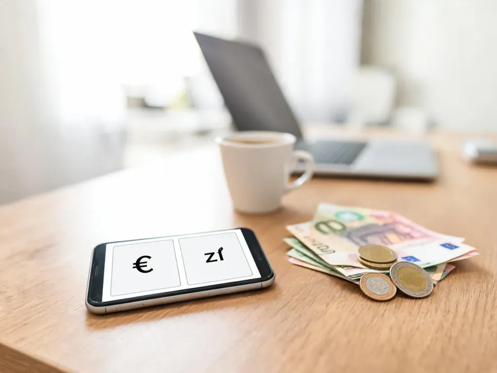 Smartfon z otwartym przelicznikiem euro na złotówki obok banknotów i monet euro na biurku w domowym biurze