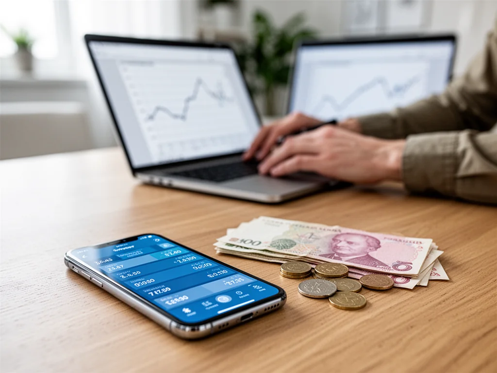Smartfon z aplikacją przelicznika TRY/PLN obok lir tureckich i polskich monet na stole, w tle laptop z wykresem finansowym.