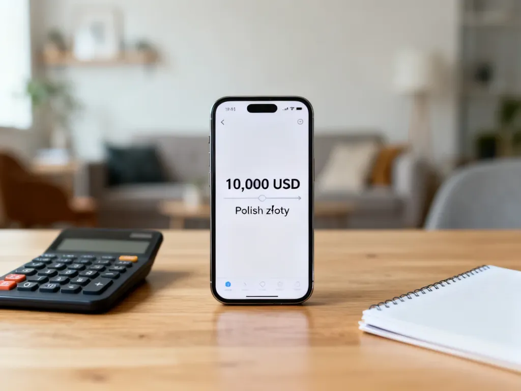 Smartfon z aplikacją przeliczającą 10 000 USD na złotówki, obok kalkulator i notes na biurku w domowym biurze.
