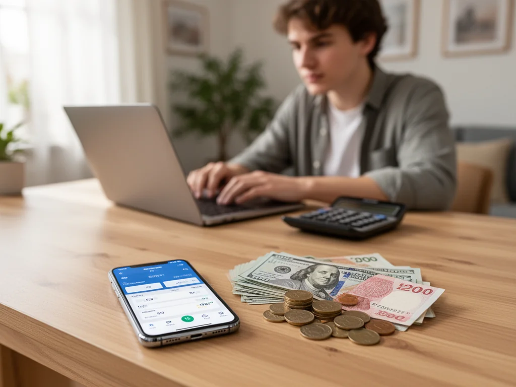 Smartfon z aplikacją do przeliczania walut obok dolarów i złotówek na biurku, w tle osoba licząca przy laptopie.