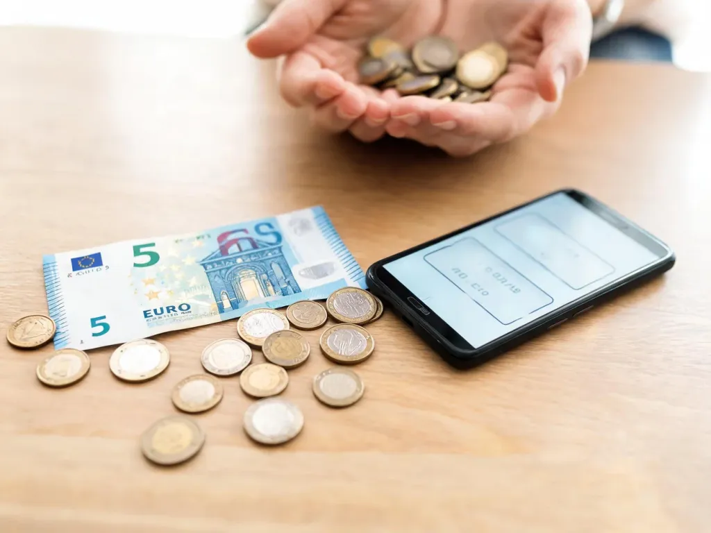 Stół z monetami euro, banknotem 5€ i smartfonem z prostym przelicznikiem walut, sugerującym szybkie obliczenie kwoty w złotówkach.