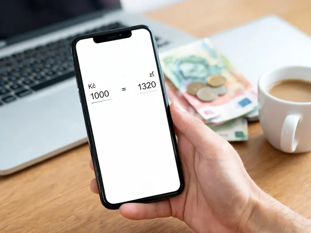 Smartfon z prostym przelicznikiem koron czeskich na złote, w tle banknoty CZK, laptop i kubek kawy na biurku