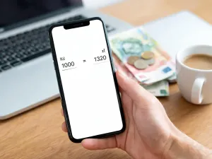Osoba przelicza banknoty funtów na złotówki w aplikacji na smartfonie, obok leży kalkulator i kubek kawy