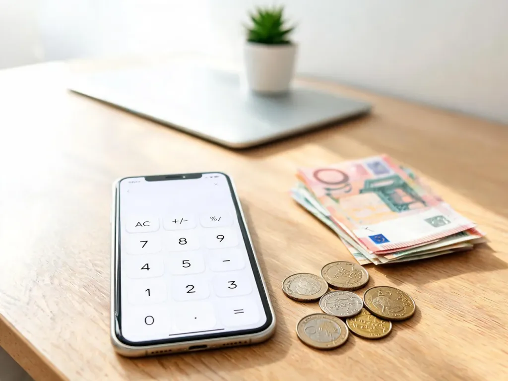 Smartfon z kalkulatorem obok euro i monet w złotówkach, ilustrujący szybkie przeliczanie 900 euro na zł.