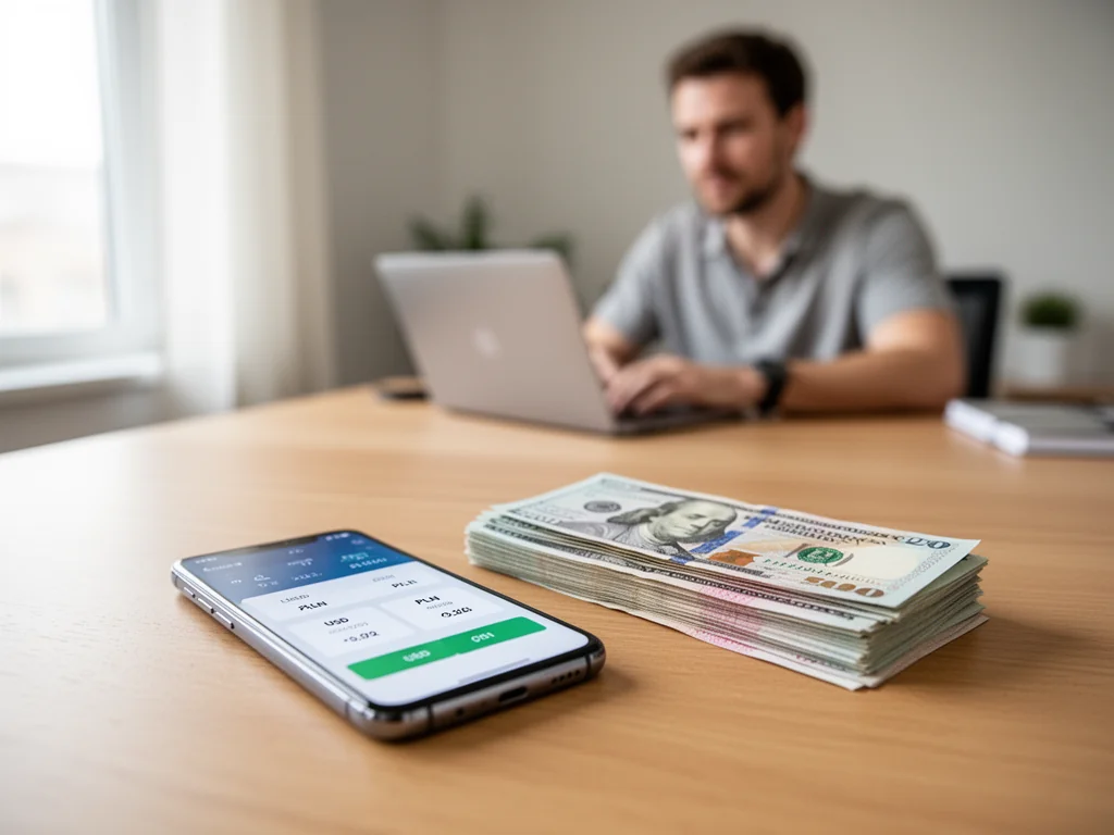 Smartfon z kalkulatorem walut USD/PLN obok dolarów i złotówek na biurku w domowym biurze, mężczyzna pracuje w tle